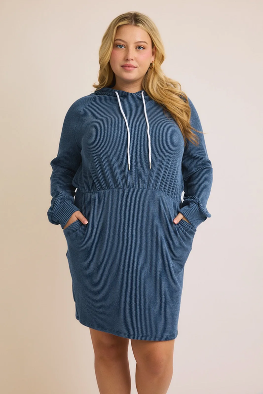 Curvy Blue Textured Hooded Dress