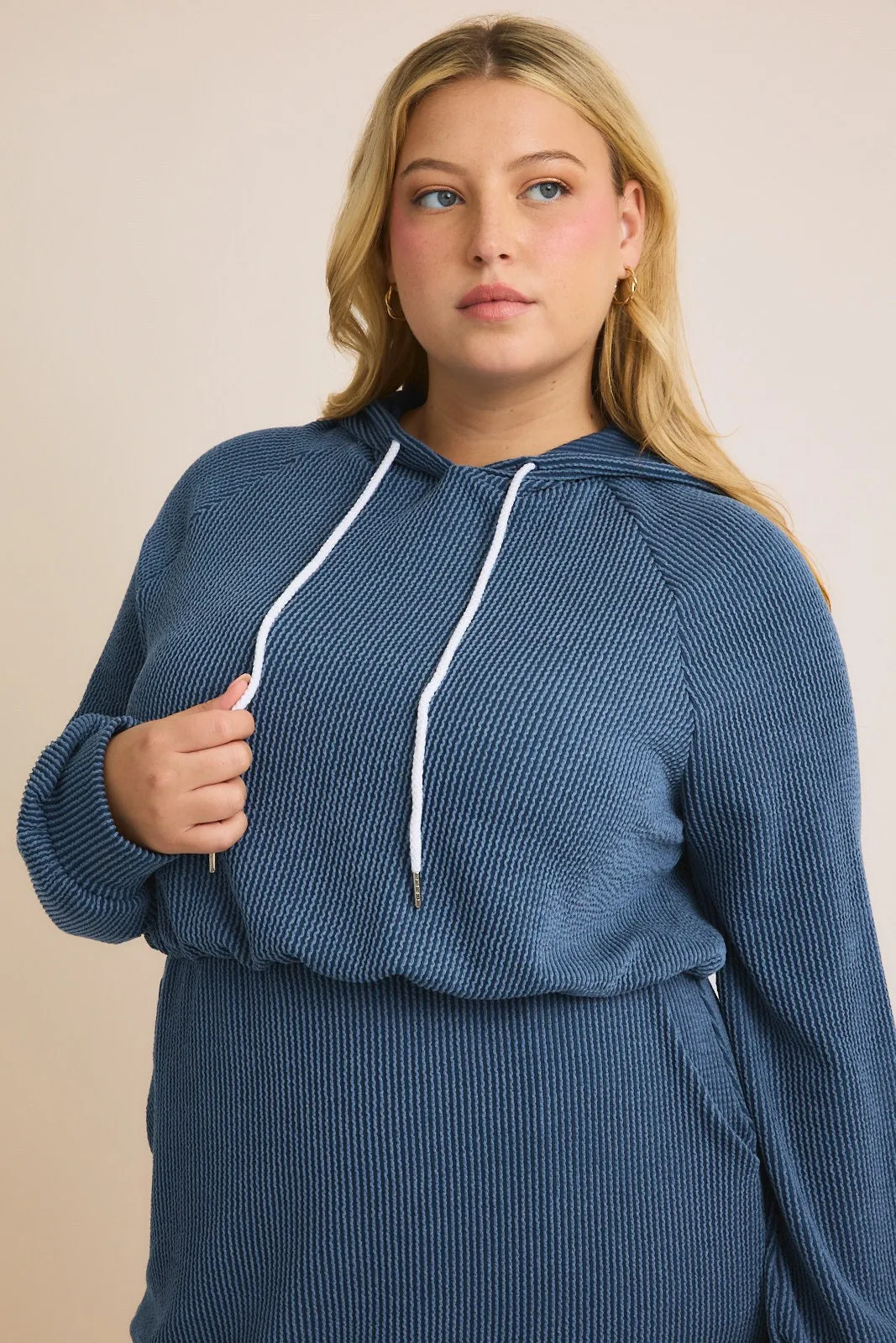 Curvy Blue Textured Hooded Dress
