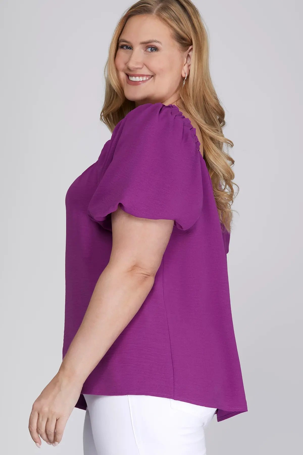 Curvy Magenta Purple Puff Sleeve