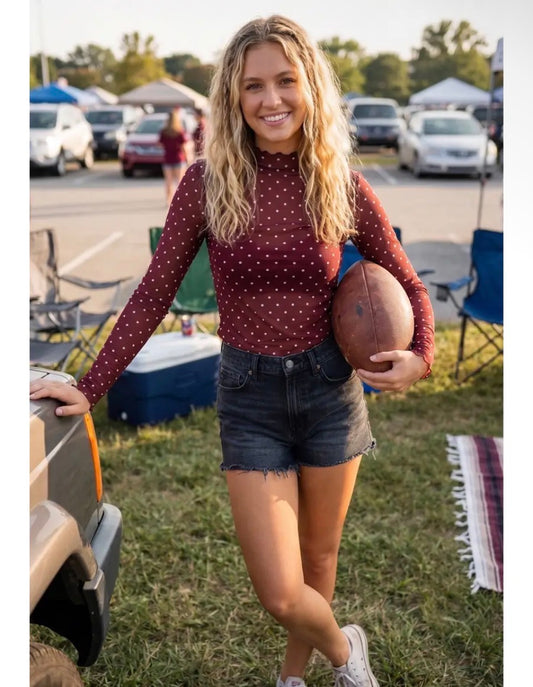 Maroon Polka Dot Mesh Top