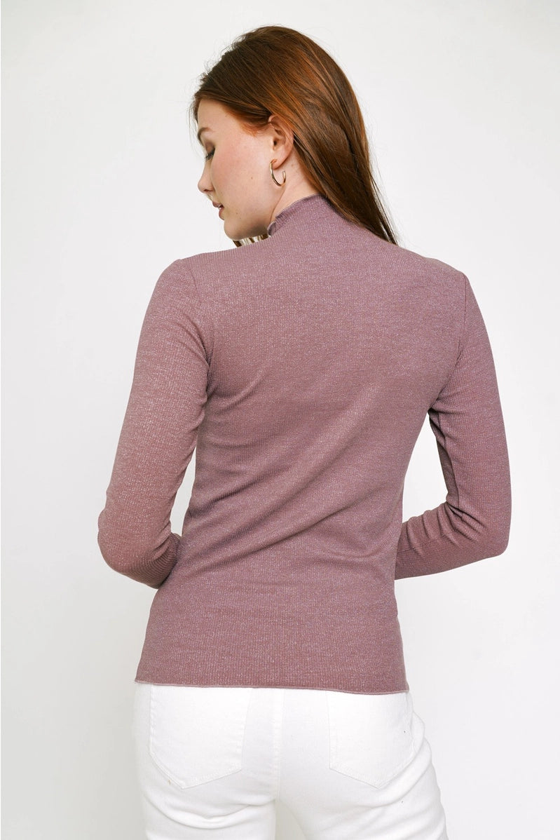 Dark Mauve Shimmer Lettuce Trim Mock Neck