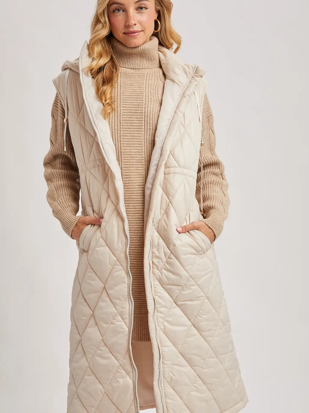 Beige Quilted Puffer Vest Long Line