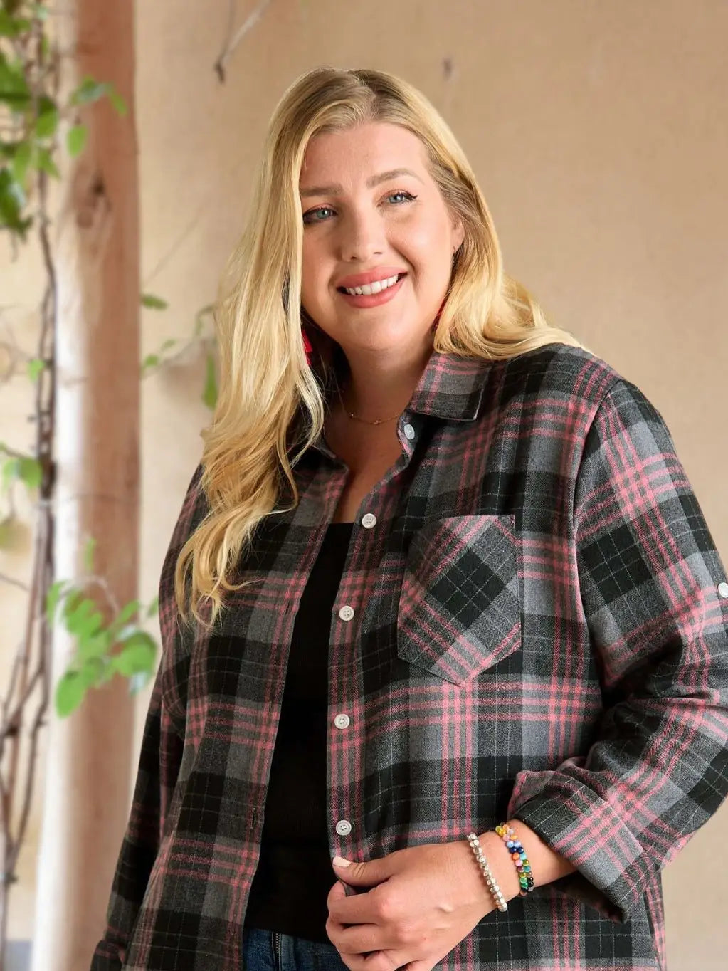 Curvy Pink & Black Plaid Flannel