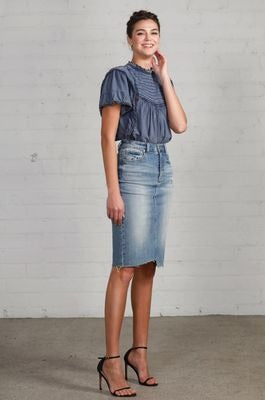 Knee Length Raw Hem Denim Skirt