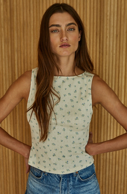 Cream & Blue Ribbed Floral Tank