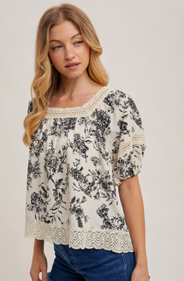 Floral Square Neck Puff Sleeve Top