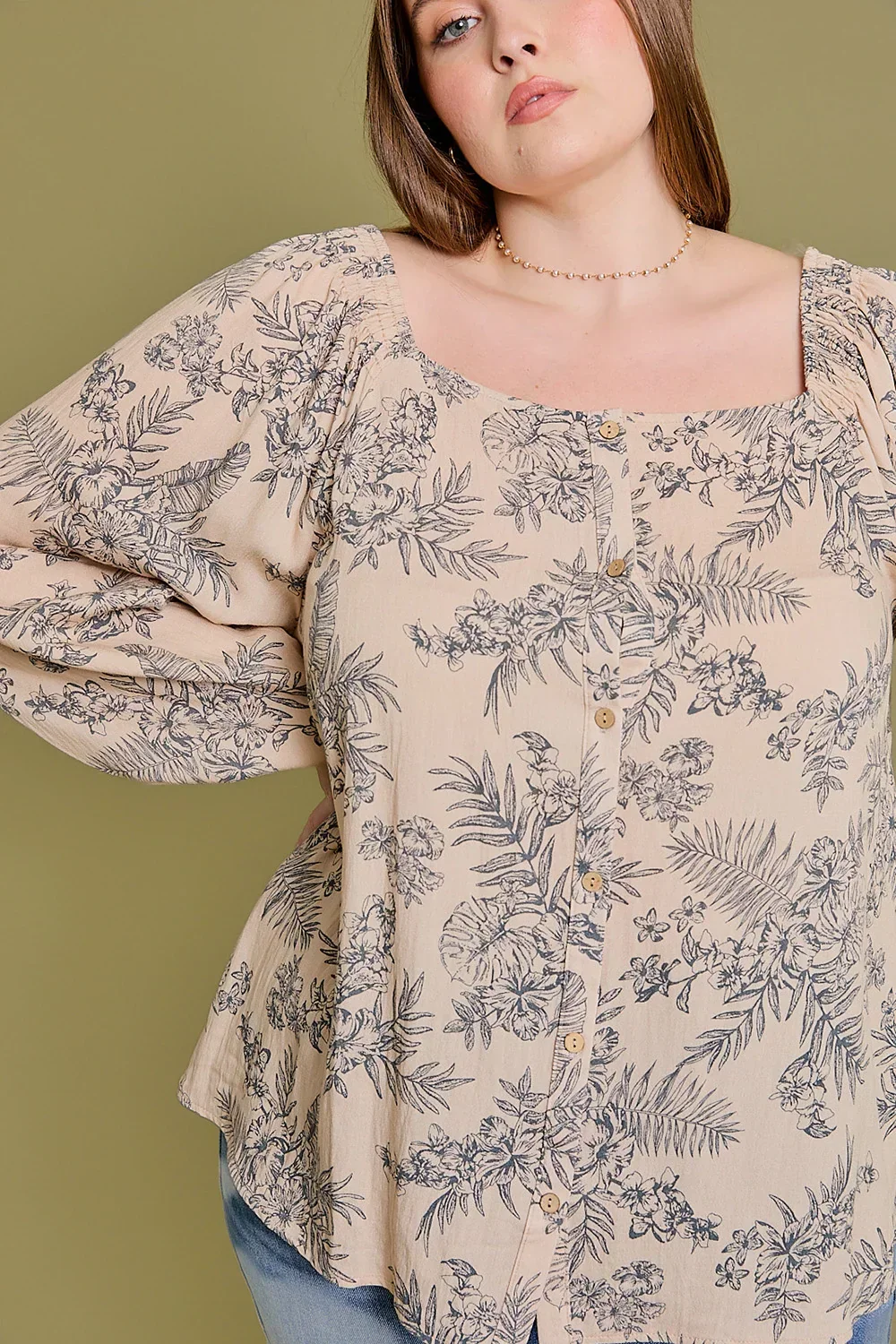 Curvy Taupe Floral Peasant Top