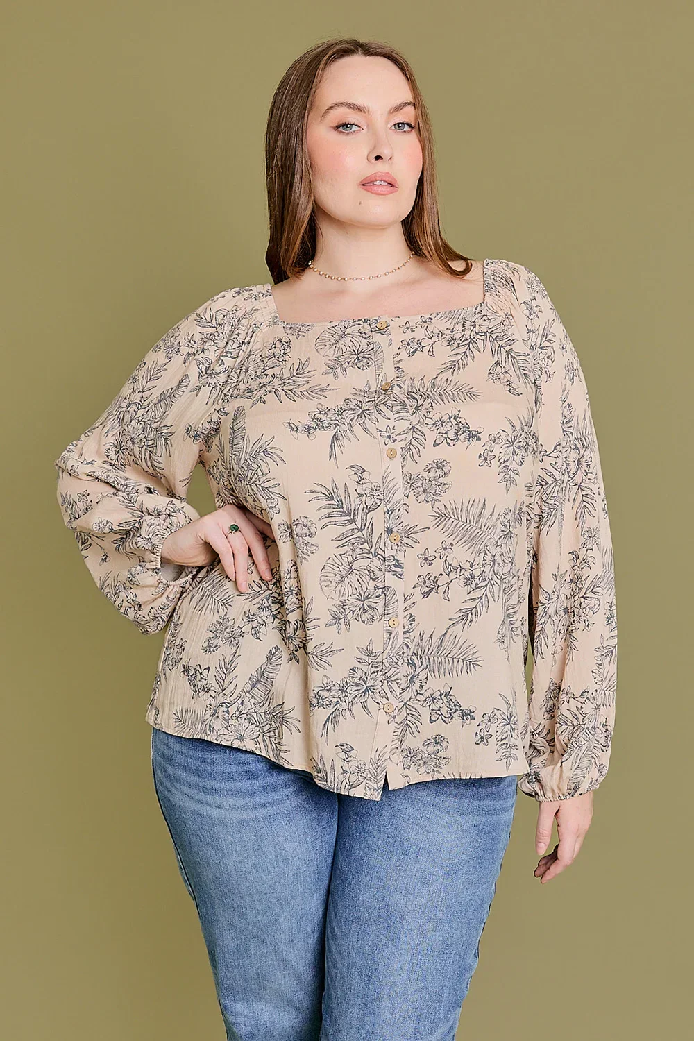 Curvy Taupe Floral Peasant Top
