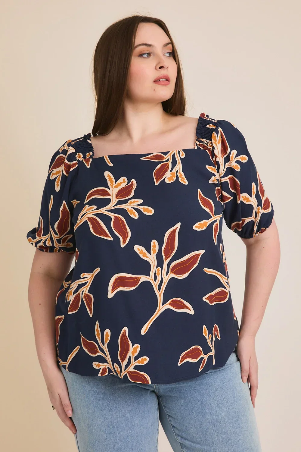 Curvy Navy Floral Boho Short Sleeve