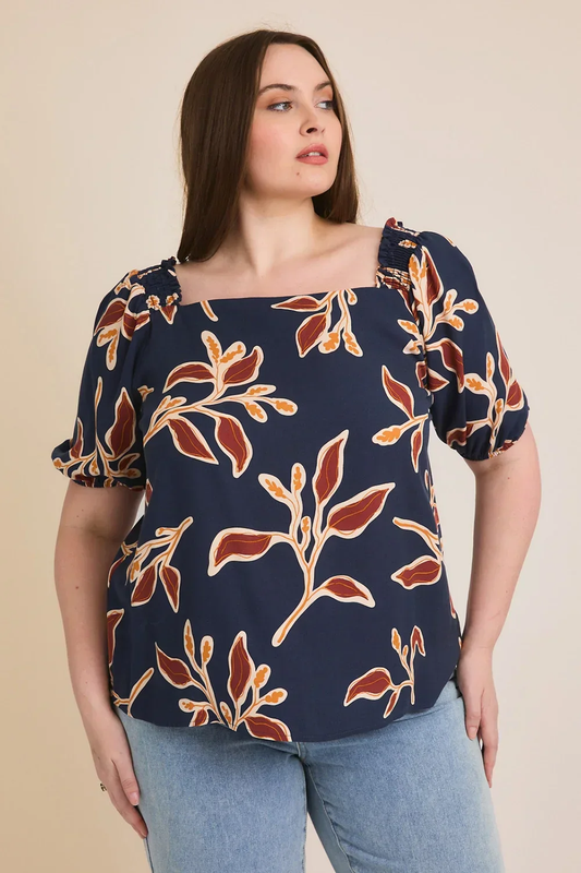 Curvy Navy Floral Boho Short Sleeve