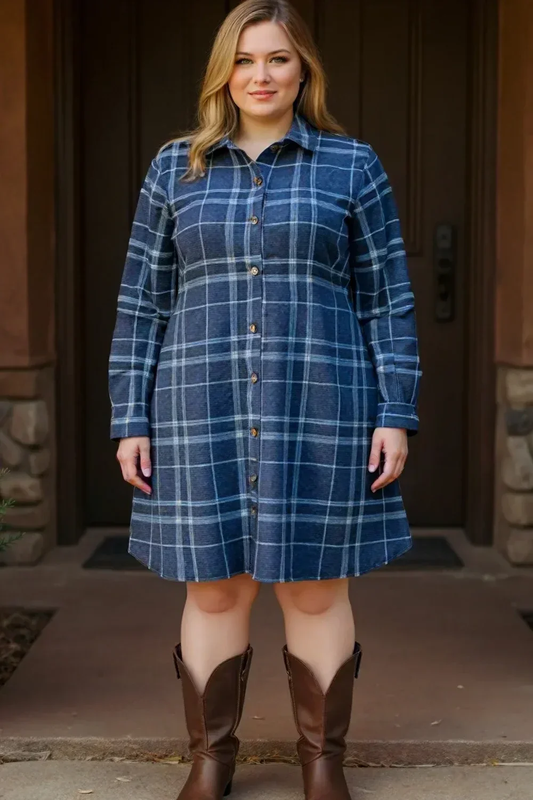 Curvy Navy Flannel Button Down Dress