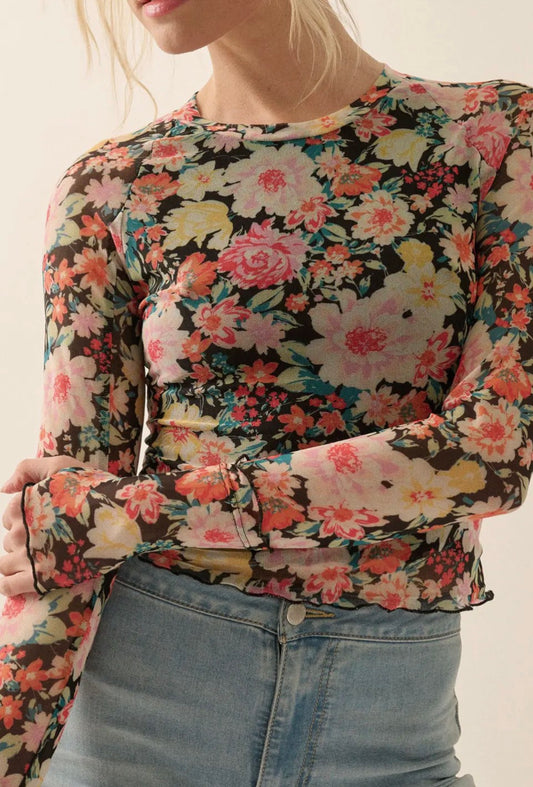 Floral Sheer Lettuce Edge Top