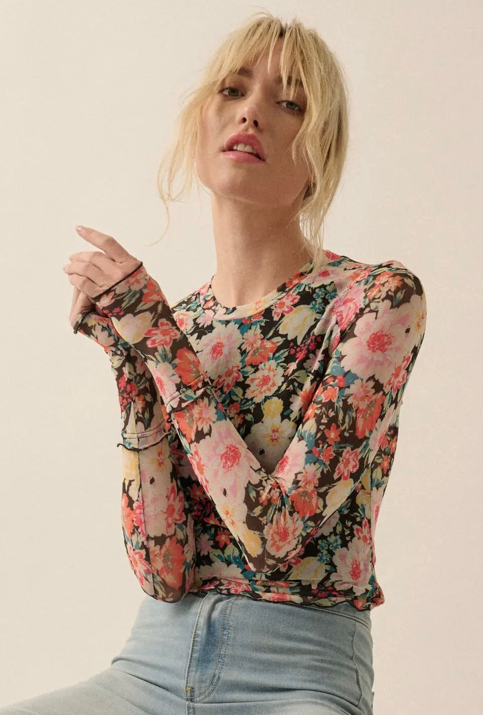 Floral Sheer Lettuce Edge Top