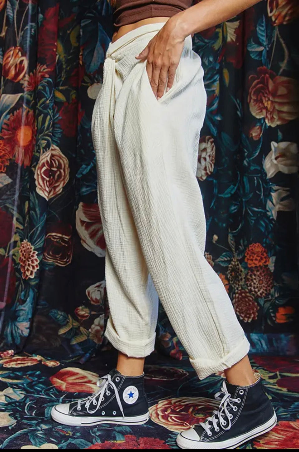 Cream Twist Waist Pants