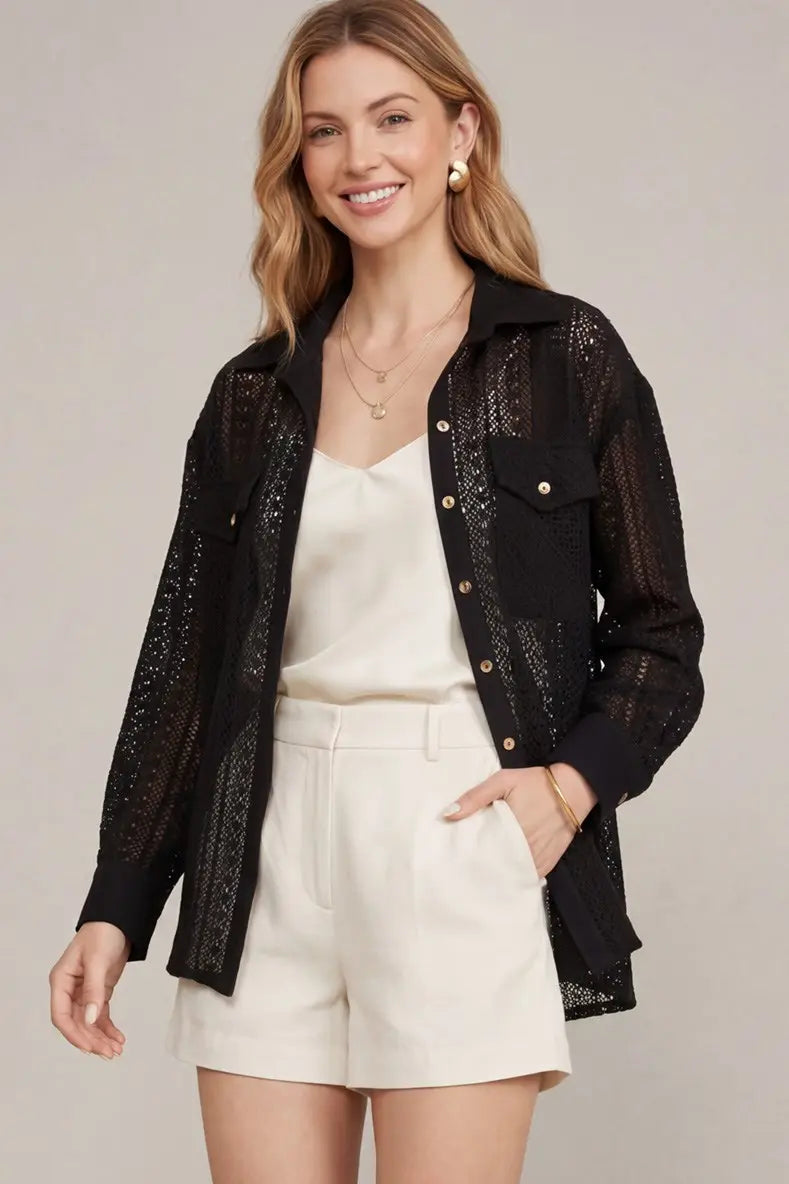 Black Crochet Button Down Shirt
