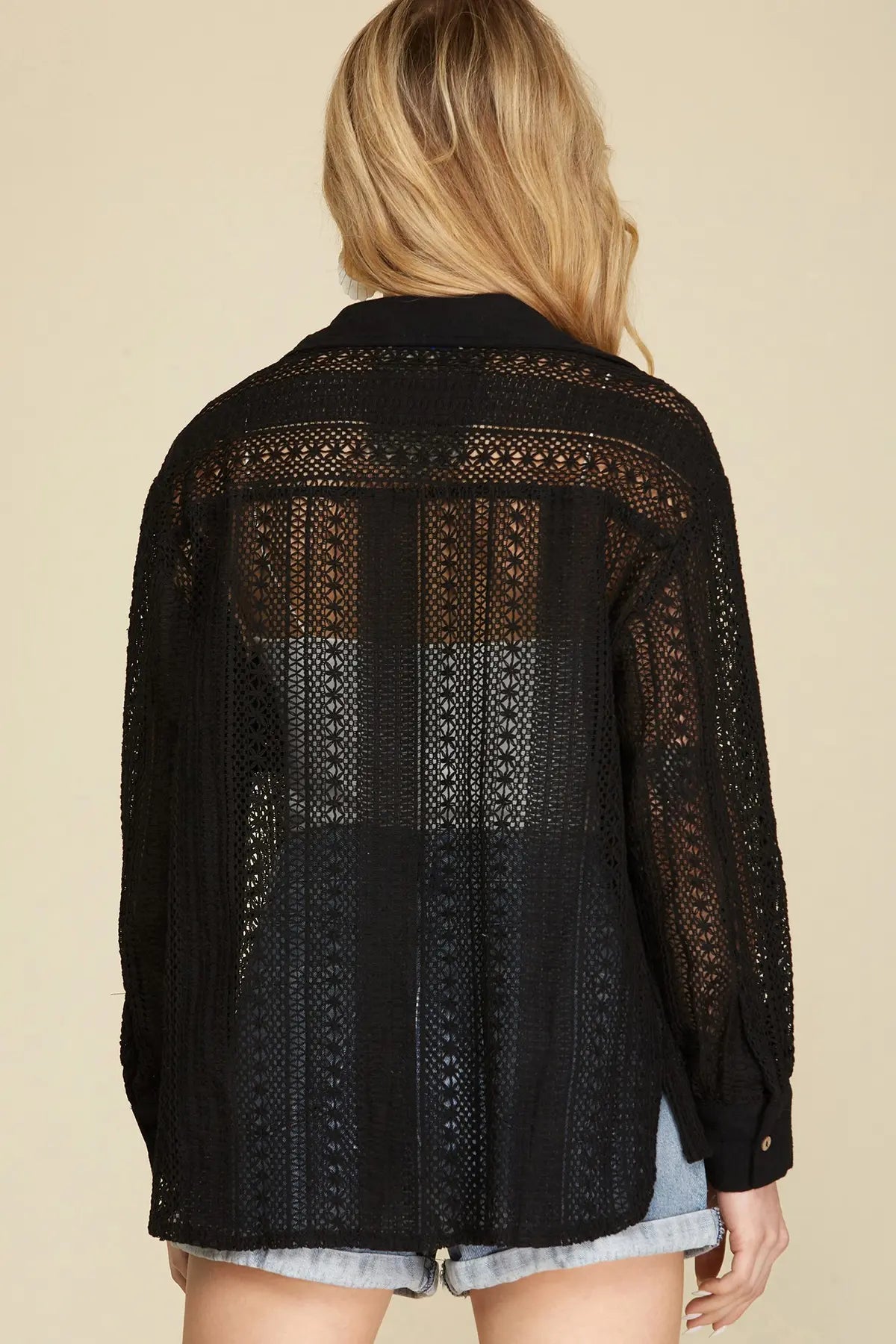 Black Crochet Button Down Shirt