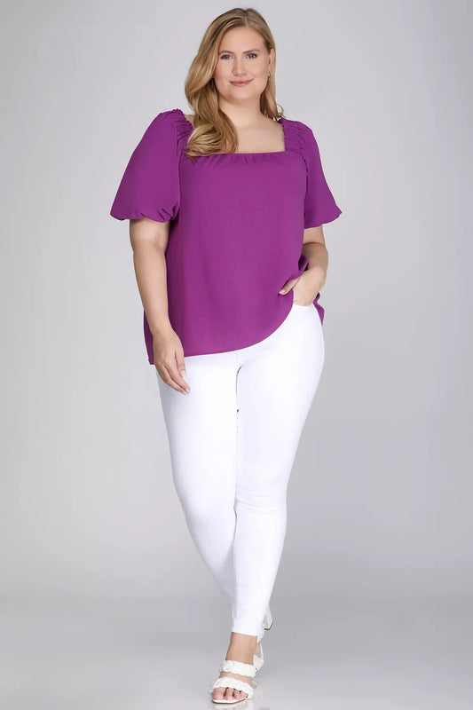 Curvy Magenta Purple Puff Sleeve
