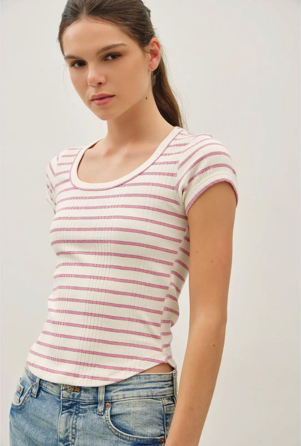 Pink Stripe Cap Sleeve