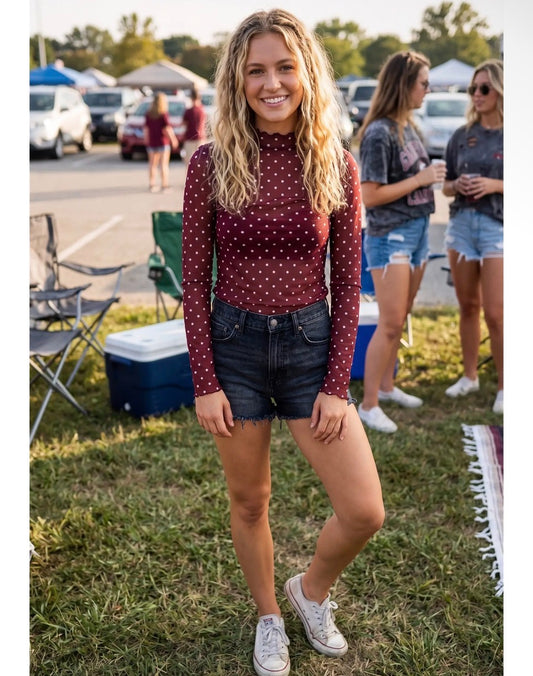 Maroon Polka Dot Mesh Top