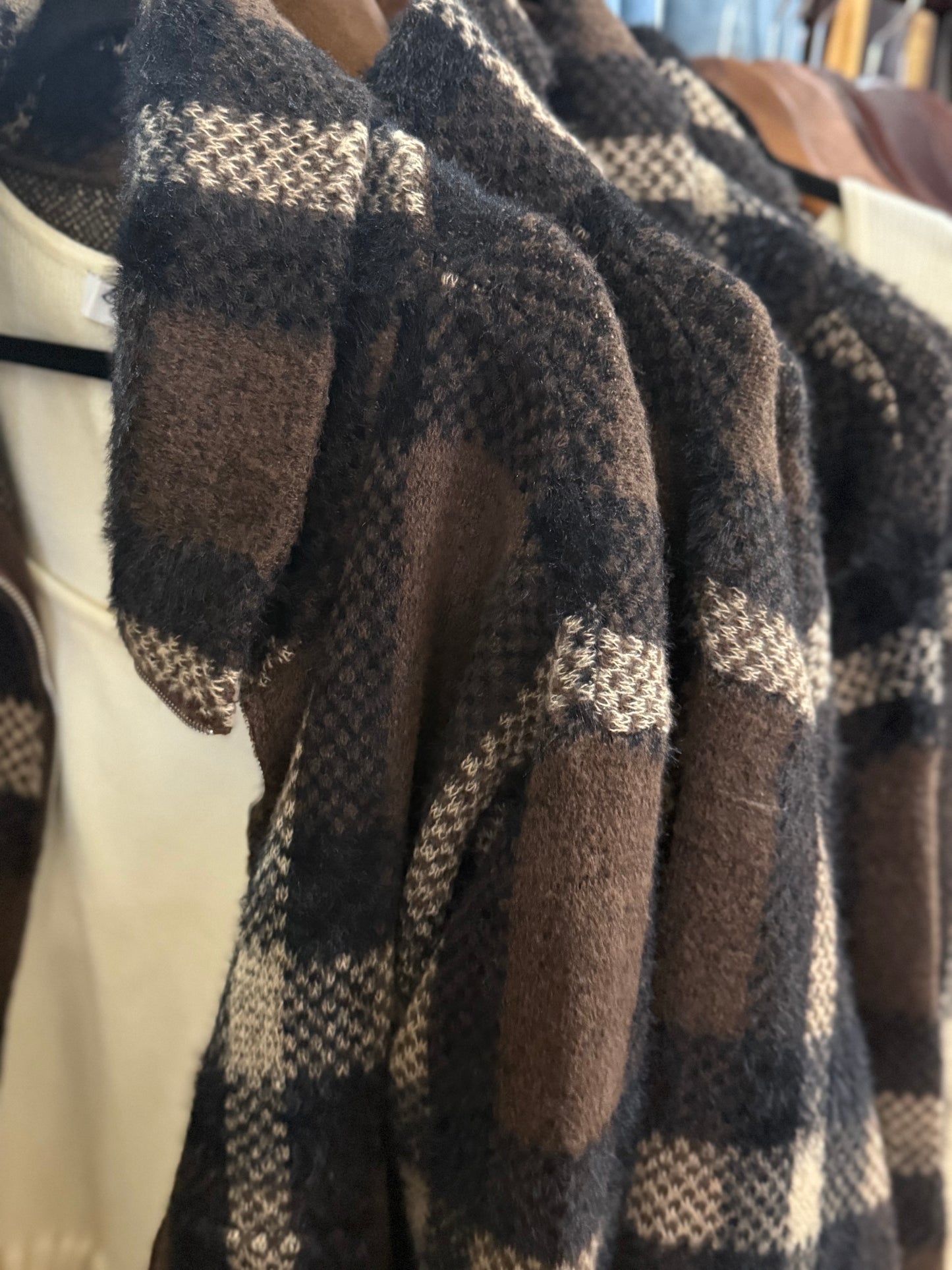 Curvy Sepia & Black Plaid Zip Cardigan