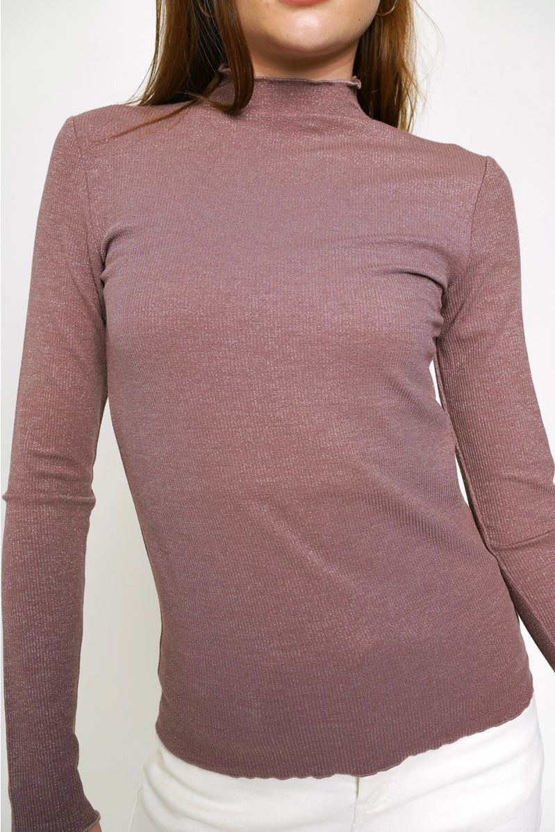 Dark Mauve Shimmer Lettuce Trim Mock Neck