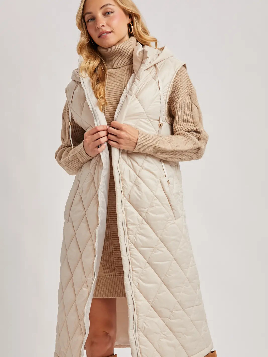 Beige Quilted Puffer Vest Long Line