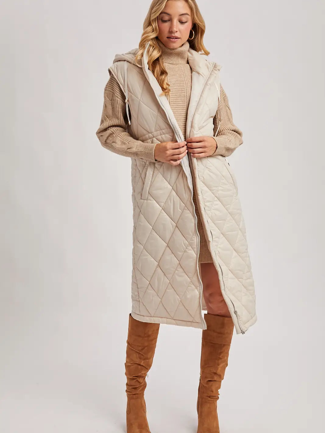 Beige Quilted Puffer Vest Long Line
