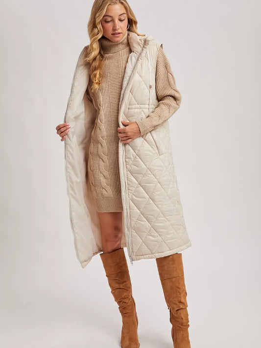 Beige Quilted Puffer Vest Long Line