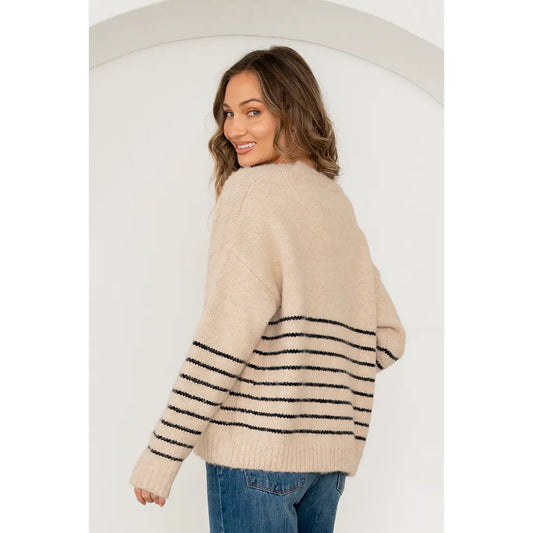 Curvy Striped Cardigan Oat & Black