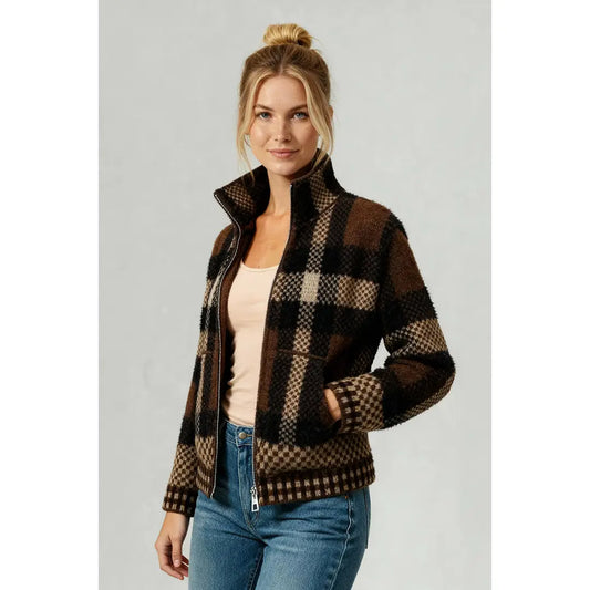 Curvy Sepia & Black Plaid Zip Cardigan