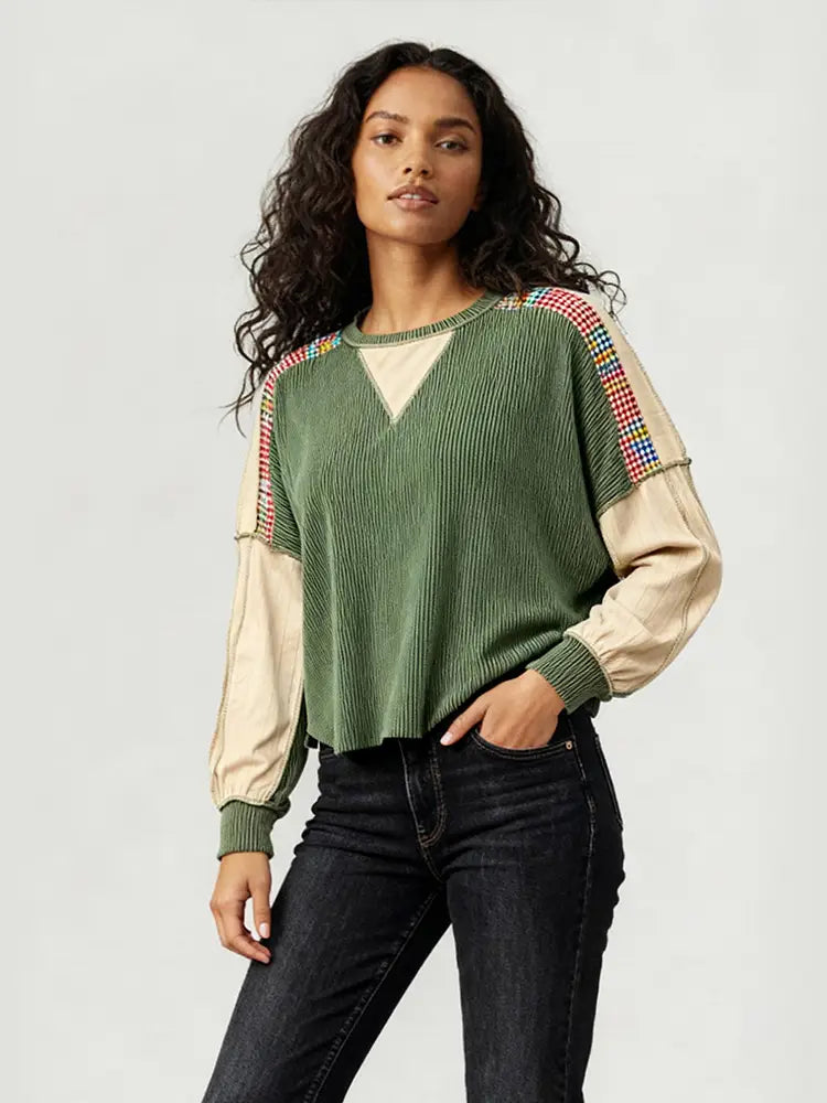 Curvy Ribbed Olive Colorblock Top