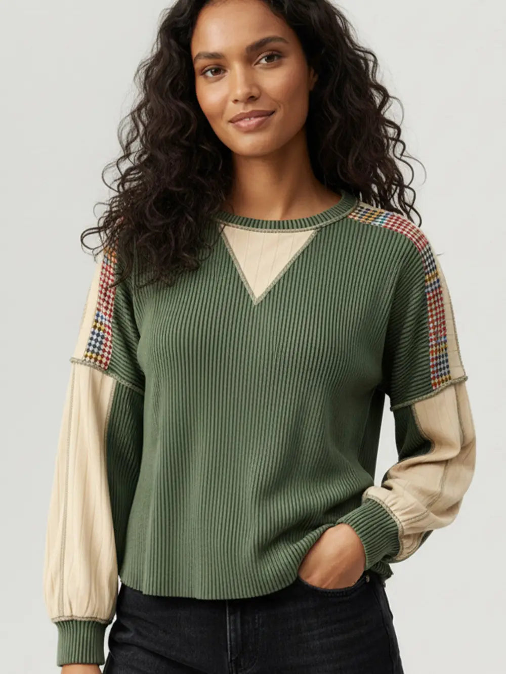 Curvy Ribbed Olive Colorblock Top