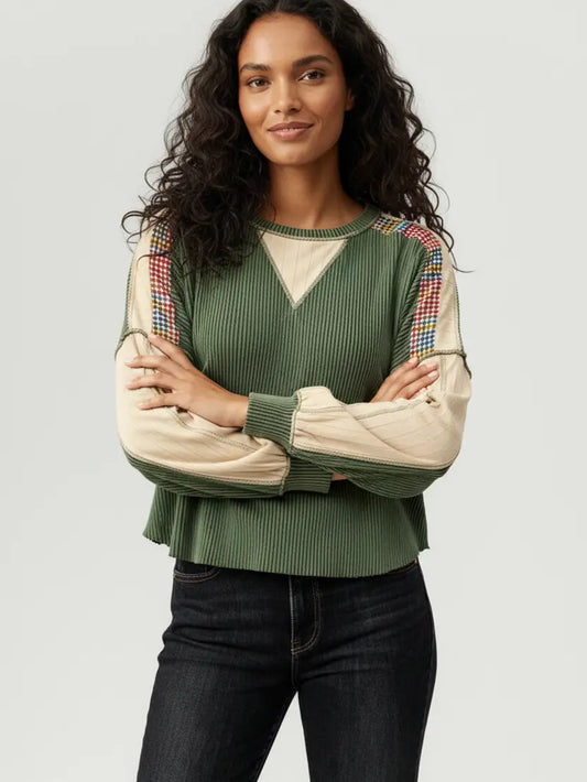 Curvy Ribbed Olive Colorblock Top