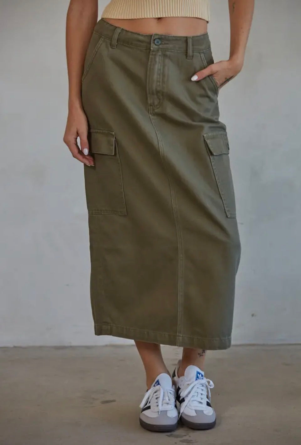 Olive Denim Cargo Skirt