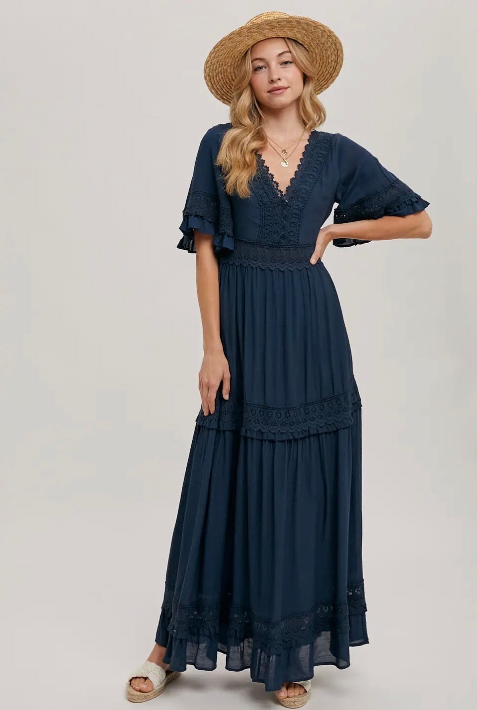 Navy Lace Trim Maxi Dress