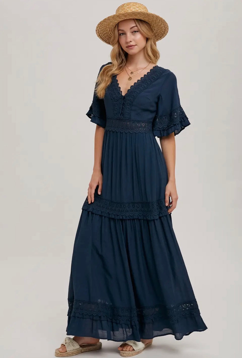 Navy Lace Trim Maxi Dress