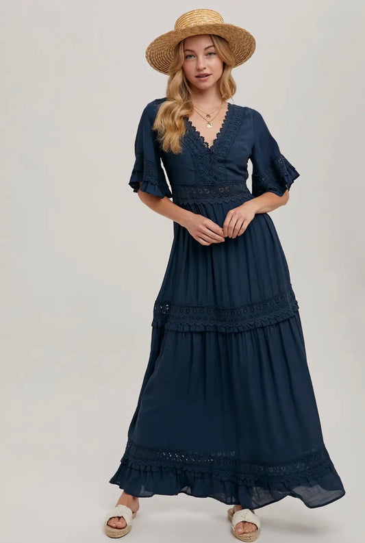 Navy Lace Trim Maxi Dress