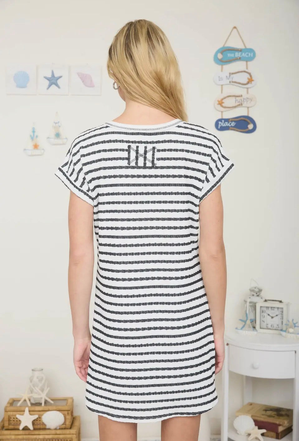 Textured Stripe Tshirt Dress Black & White