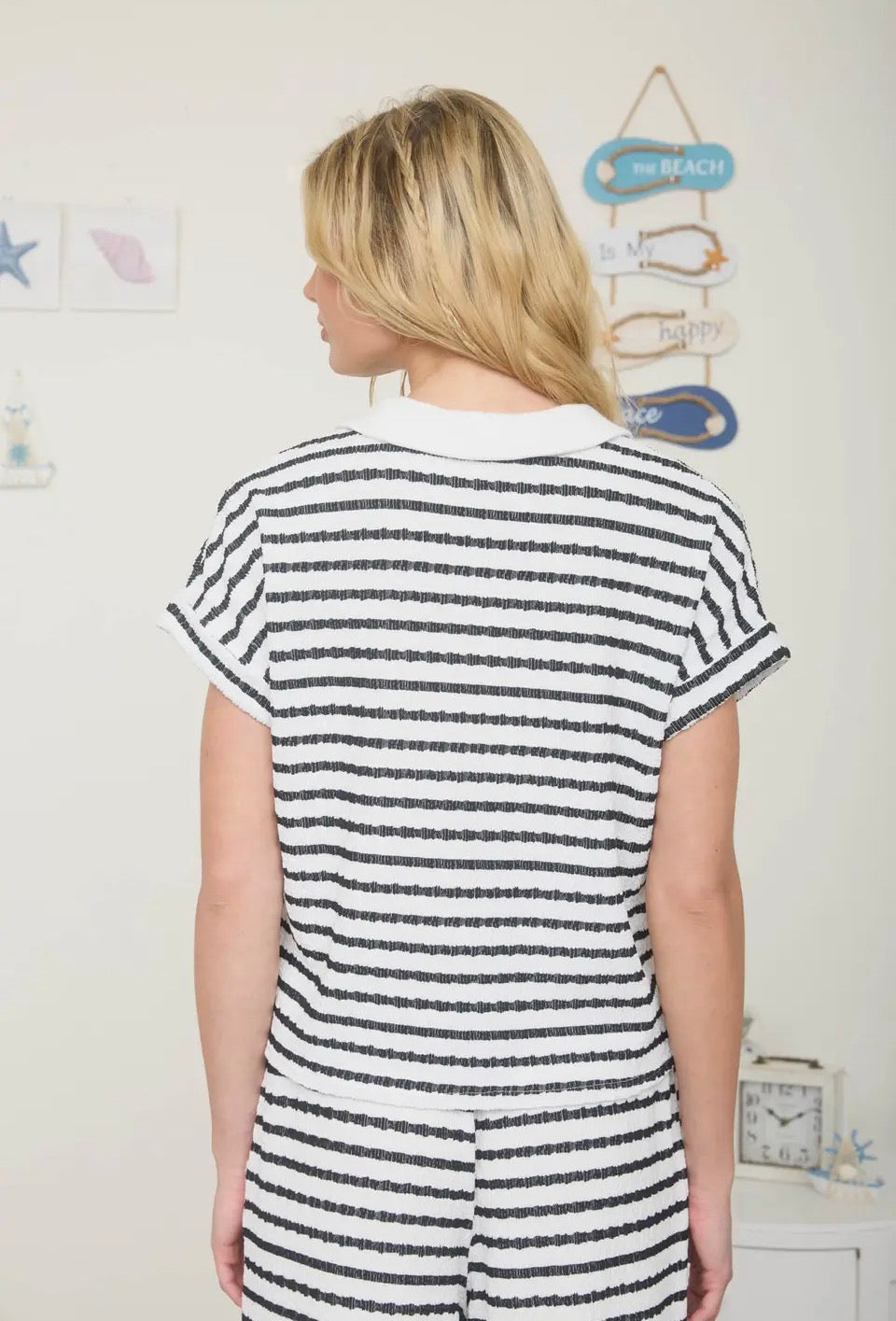 Texture Stripe Collared Lounge Top
