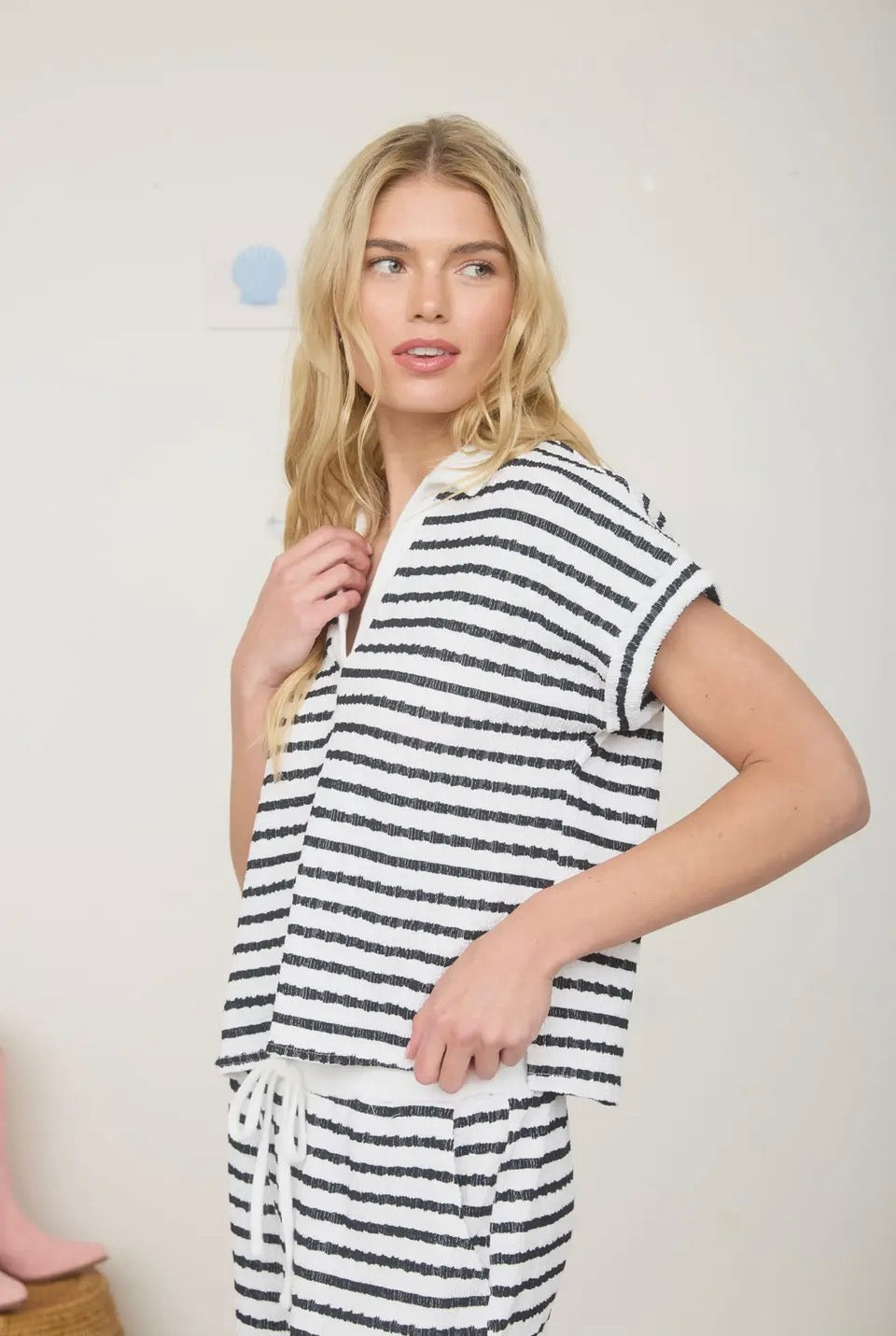 Texture Stripe Collared Lounge Top