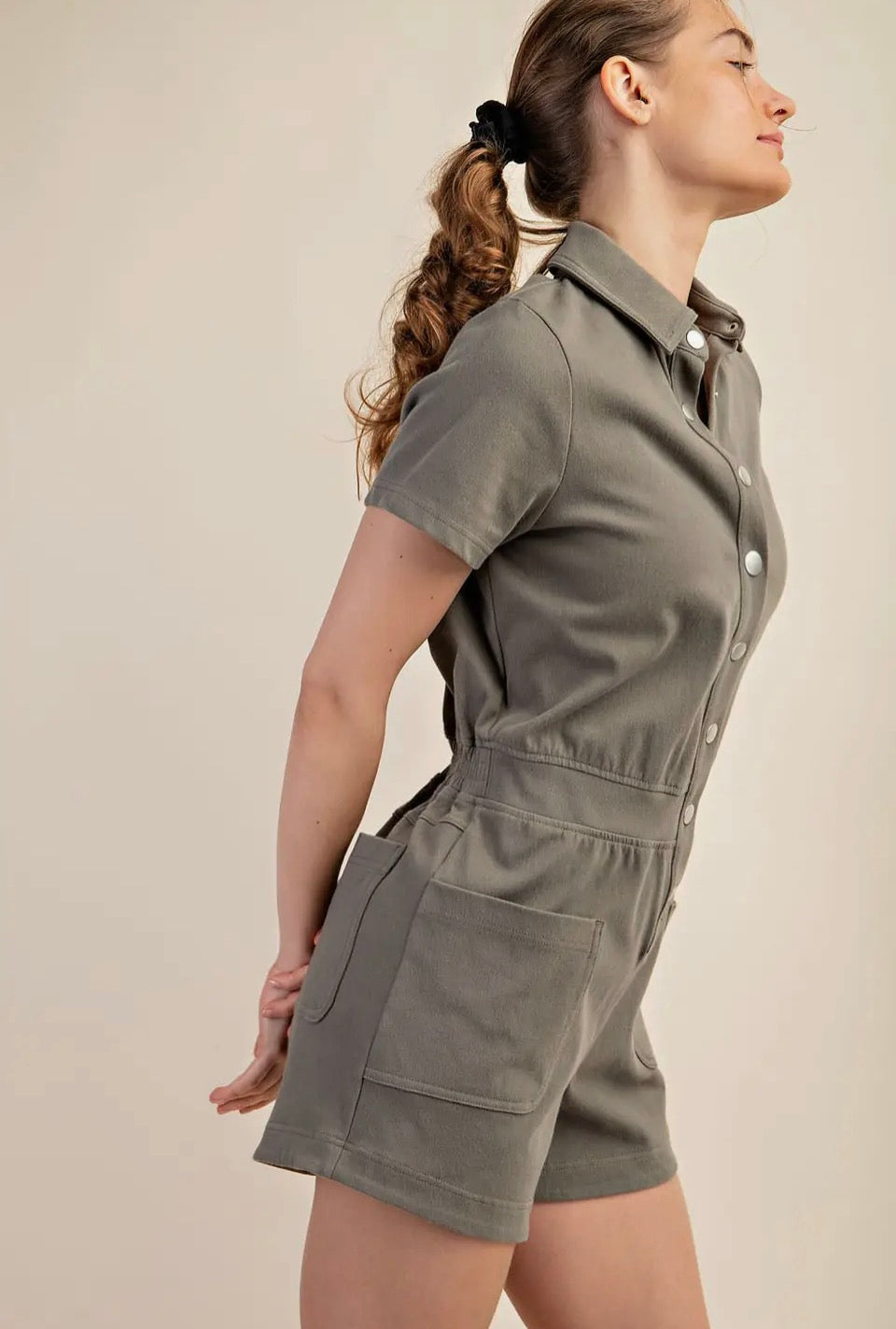 Dusty Olive Stretch Twill Romper
