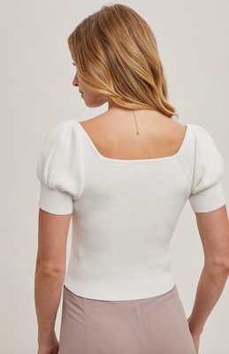 Ivory Square Neck Puff Sleeve Knit Top
