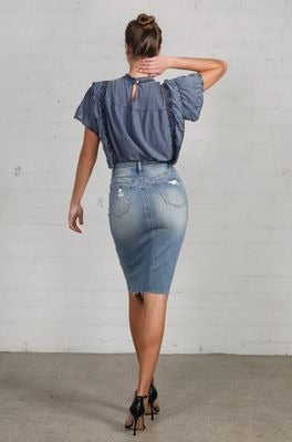 Knee Length Raw Hem Denim Skirt