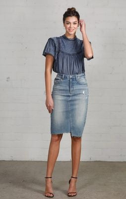 Knee Length Raw Hem Denim Skirt