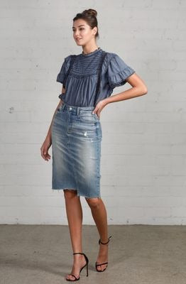 Knee Length Raw Hem Denim Skirt