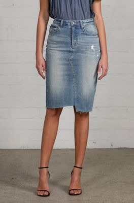 Knee Length Raw Hem Denim Skirt