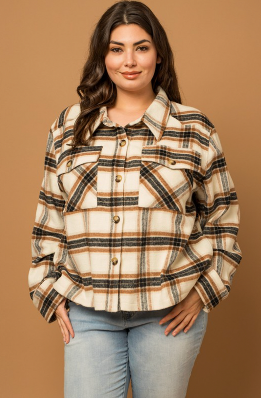 Curvy Plaid Shacket Cream & Brown
