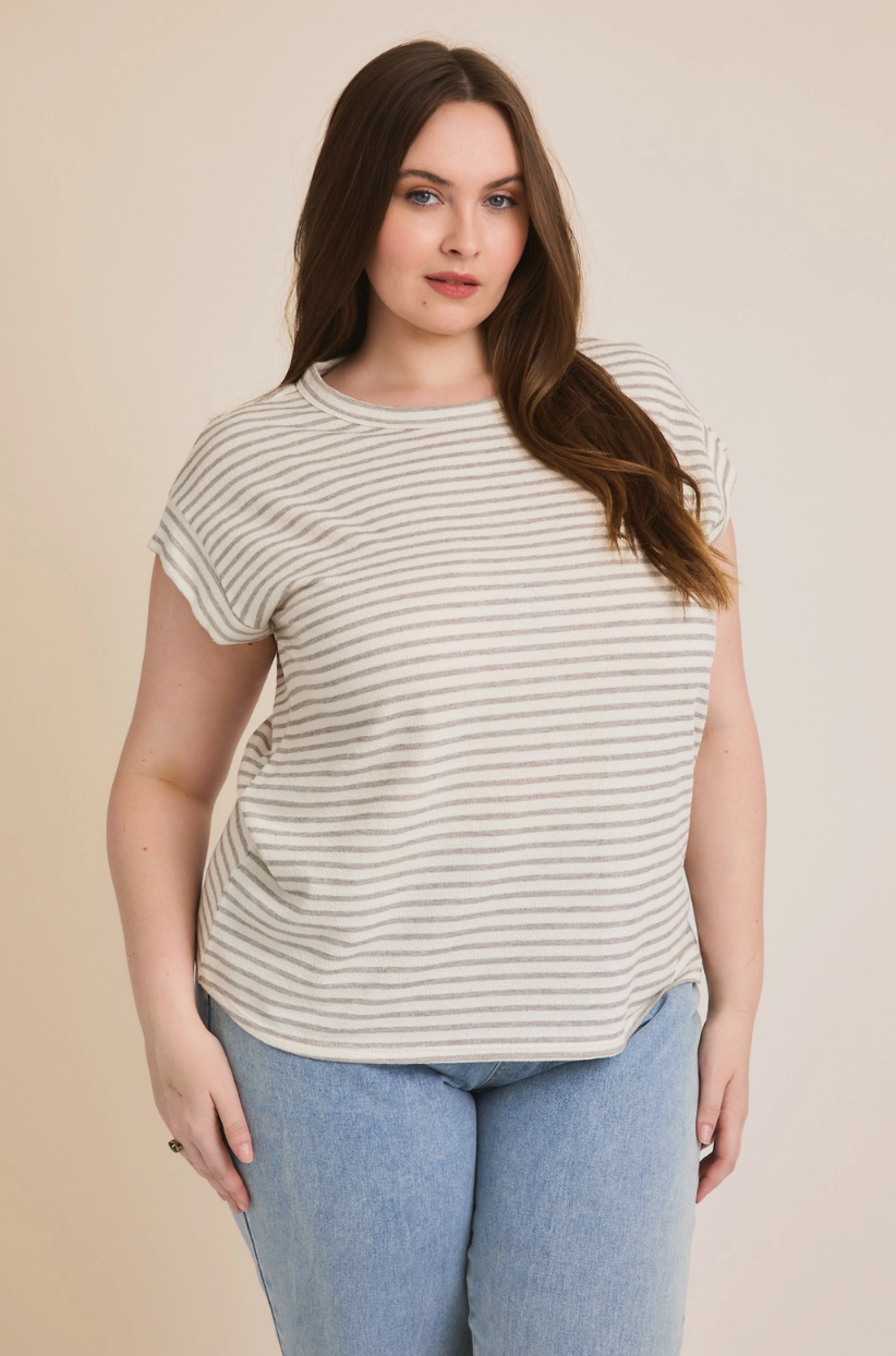 Curvy Terry Cream\Grey Stripe Top