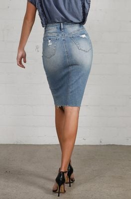 Knee Length Raw Hem Denim Skirt