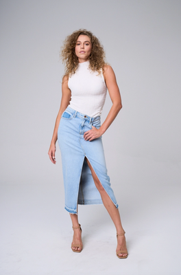 Front Slit Light Denim Midi